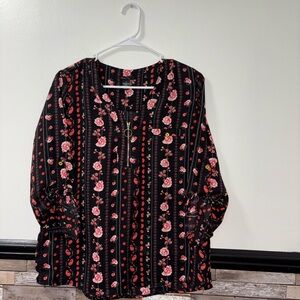 Rue21 Black and Pink Floral Blouse 3/4 Sleeve Size Medium
